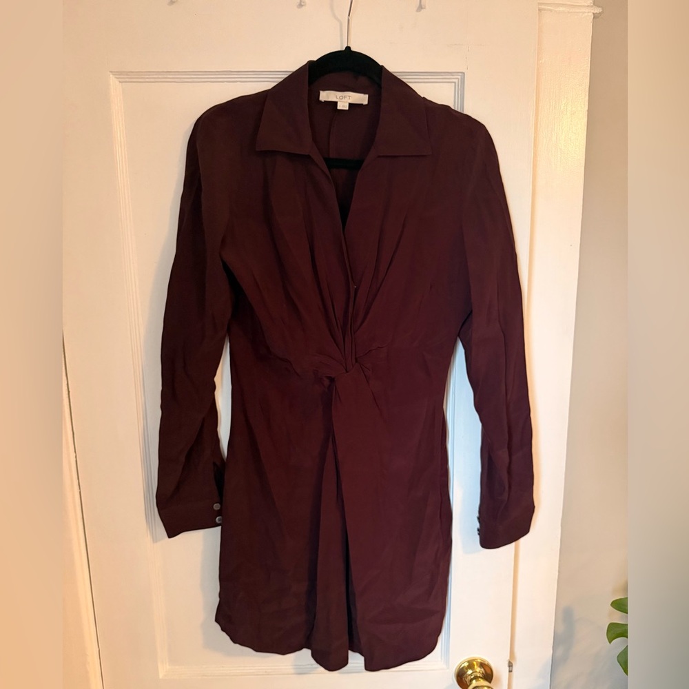 LOFT Deep Plum Twist-Front Long Sleeve Shirt